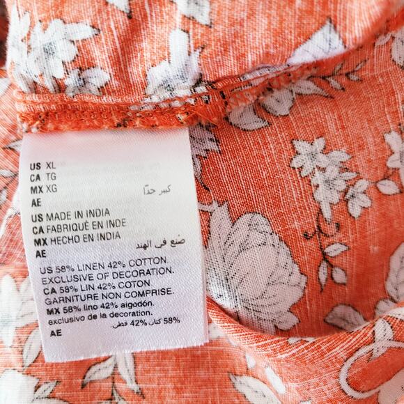 Charter Club Luxury Top XL Linen Blend Orange Tie Front Floral Monkies Cheetah - Picture 11 of 11